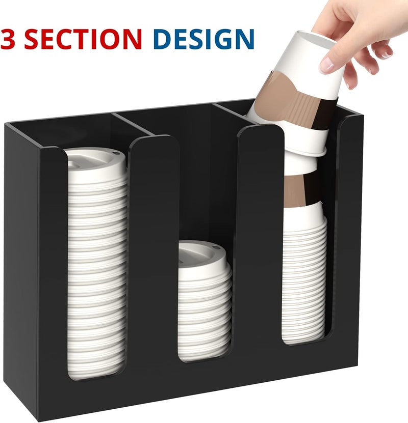 KOTEMON Acrylic Cup and Lid Holder, 3 Compartment, Disposable Coffee Cup Dispenser Cup Storage Organizer, Black - Image 2